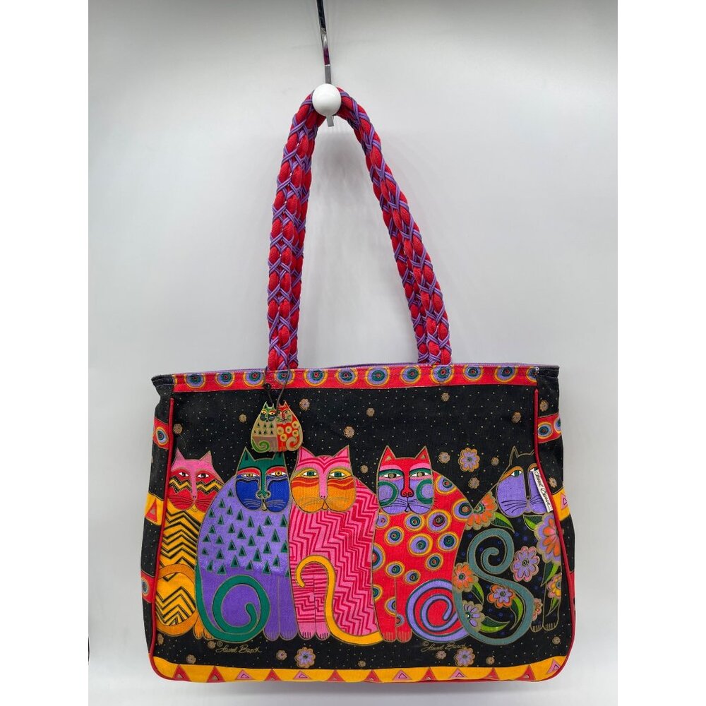 Laurel Burch Vintage Colorful Cat Tote/ Purse Braided Handles